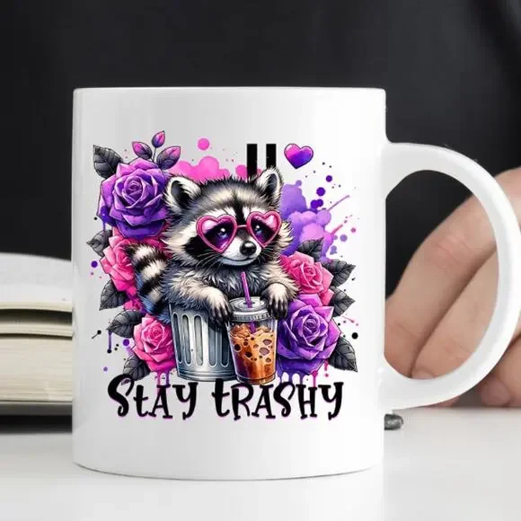Stay Trashy Raccoon 15 oz Coffee Mug Funny Cute Gift White Mug R45 - Picture 1 of 2